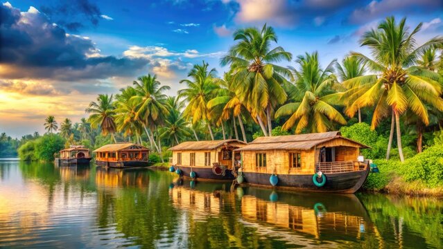 Vibrant traditional wooden houseboats glide along serene backwaters, surrounded by lush greenery and coconut palms, exemplifying Kerala's tranquil and picturesque tourism experience.