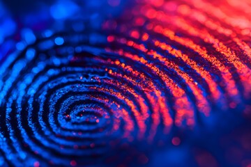 Closeup of human fingerprint under blue and red lighting