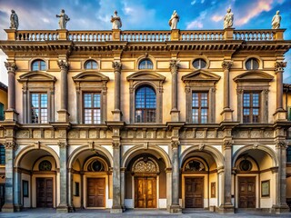 The ornate facade features arched windows and intricate sculptures, showcasing the Renaissance style's elegance and sophistication.