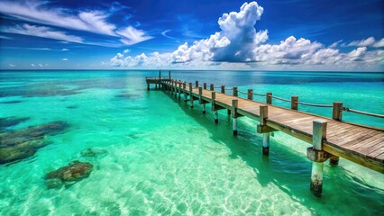 Vibrant turquoise ocean waves gently lap against the weathered wooden surface of a pier, surrounded by calm turquoise waters and a clear blue sky.