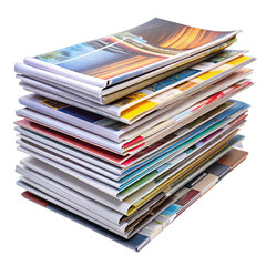 A stack of colorful magazines are isolated on a white background. The magazines are stacked neatly, with the top one slightly askew