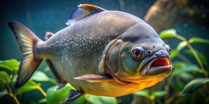 The pacu pacu fish's rounded body glistens in the camera's warm glow, its prominent teeth a striking contrast to its otherwise soft features.