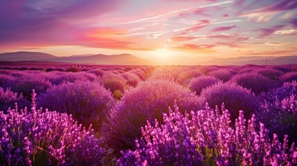 Obraz premium Lavender field in full bloom with a sunset sky