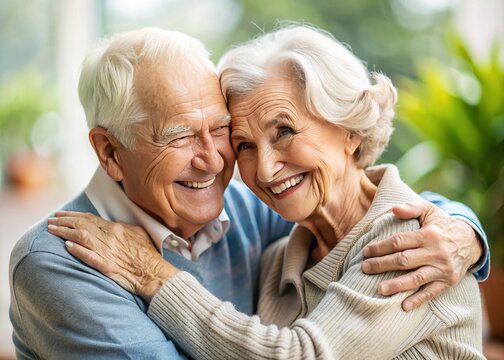 The smiling elderly couple wrapped their arms around each other, their faces beaming with joy as they cherished their love on Grandparents Day.