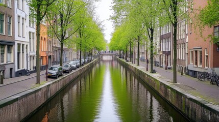 Fototapeta premium The peaceful canals of Amsterdam, Netherlands, lined with historic buildings and trees, with no one around.