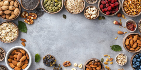 Variety of nuts on a gray background with empty space for text.Banner