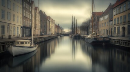 The peaceful canals of Copenhagen, Denmark, with historic buildings and boats, captured in a moment of complete stillness