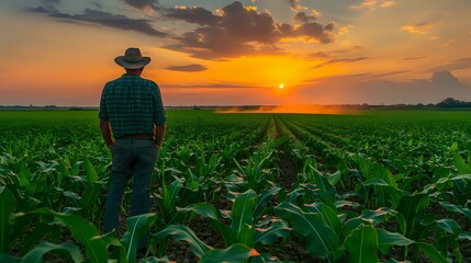 Fototapeta premium Male farmer in hat standing in green corn field at dramatic sunset, silhouette against orange sky, agricultural landscape perfect for farming and agriculture concepts.