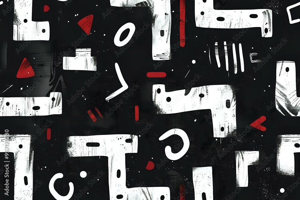 Poster abstract geometric pattern with white hand drawn shapes and red triangular elements on black backgro