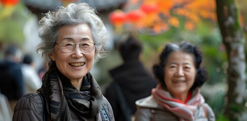 Fototapeta premium A joyful portrait of two elderly women enjoying an outdoor setting, symbolizing friendship, happiness, and healthy aging. Ideal for concepts of community, senior living, and well-being.