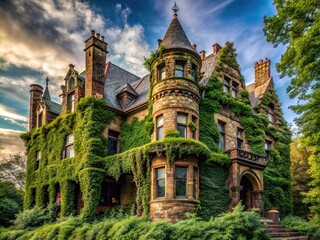 The Victorian mansion stands resilient, its ornate facade half-hidden behind a tangle of overgrown vines, crumbling gargoyles, and weathered brickwork, shaded by ancient trees.