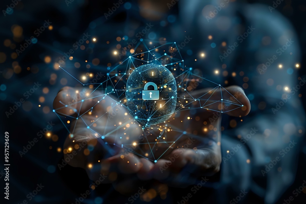 Poster futuristic image of hands holding a glowing digital lock surrounded by a network of connections, sym