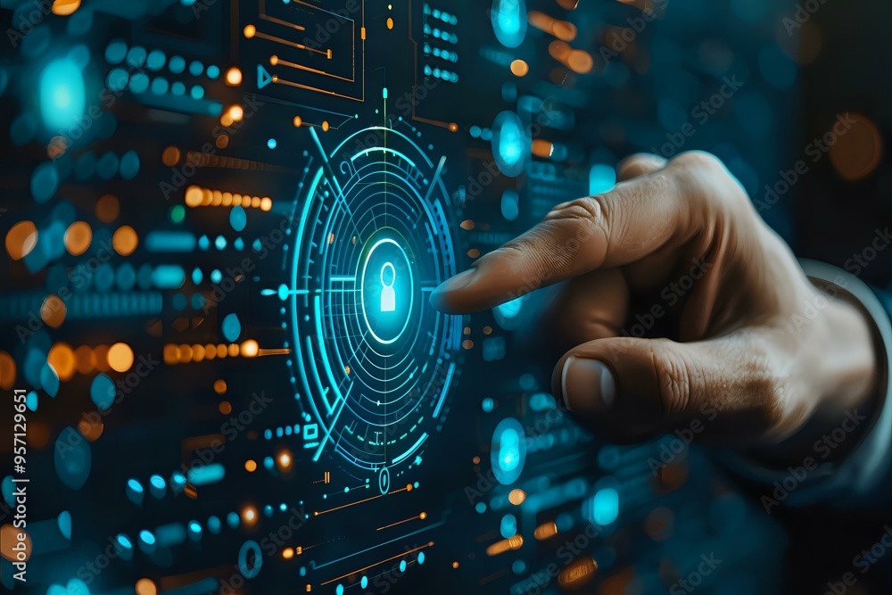 Aufkleber futuristic image of a hand touching a digital security interface with a glowing lock icon, symbolizi