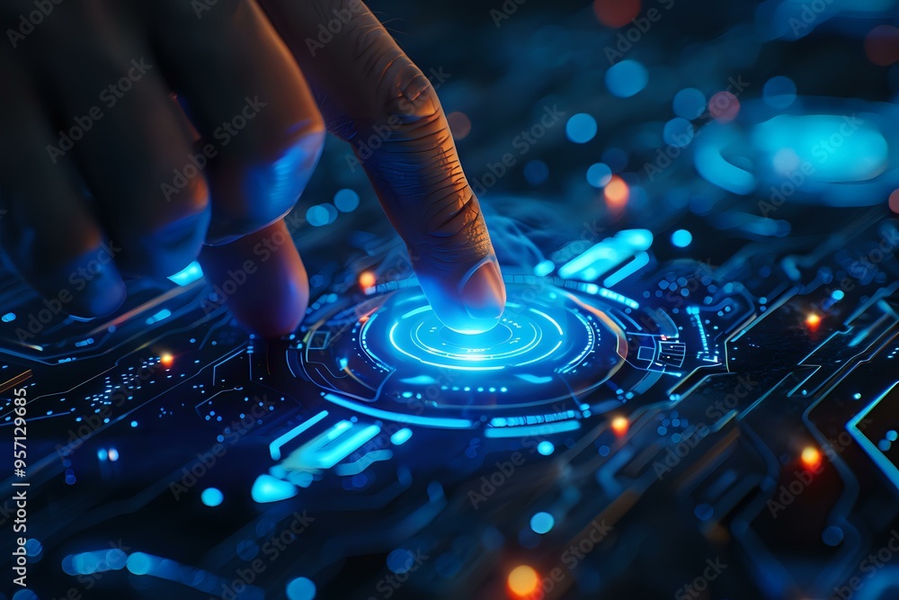 Poster futuristic image of a hand interacting with a glowing holographic interface, symbolizing advanced te