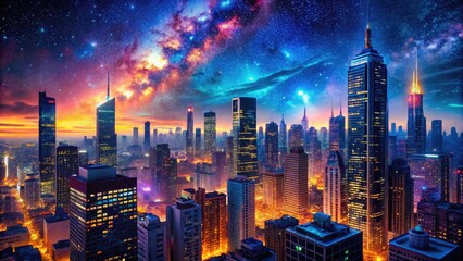 Vibrant neon hues illuminate a dark cityscape, radiating an otherworldly glow against a starry night sky, with towering skyscrapers and bustling streets below.