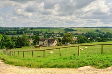 Beautiful panoramic view from the Cotswold Way walking trail of