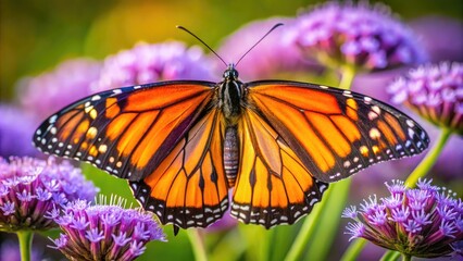 Naklejka premium Vibrant orange and black butterfly perches on a delicate purple flower, its intricate wings and compound eyes capturing the beauty of nature's intricate design.
