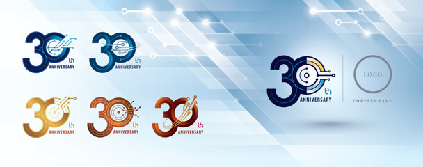 Set of 30th Anniversary logotype design, Thirty years Celebrate Anniversary Logo for celebration, Abstract Connected lines and dot Circuit Board, Global network connection, Digital technology, Logo 30