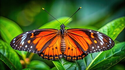 Vibrant orange and black butterfly perches on a green leaf, showcasing intricate compound eyes with thousands of individual lenses, gazing outward with mesmerizing clarity.