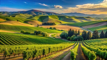 Vibrant vineyards stretch towards clear blue skies in picturesque Walla Walla Valley, Washington State, with lush greenery and rolling hills as far as the eye can see.