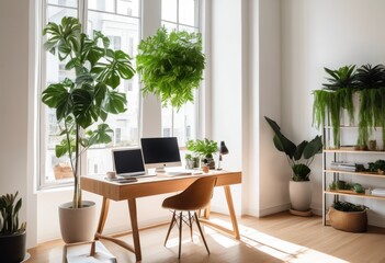Fototapeta premium bright serene workspace featuring abundant natural clean minimalist design enhanced focus productivity, light, lines, environment, furniture, organization