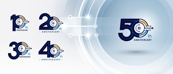 10, 20, 30, 40, 50 year Anniversary Logo design, Ten to Fifty years Anniversary Logotype for Celebration, Connected Circle lines and dots Circuit Board, Global network connection, Digital technology,