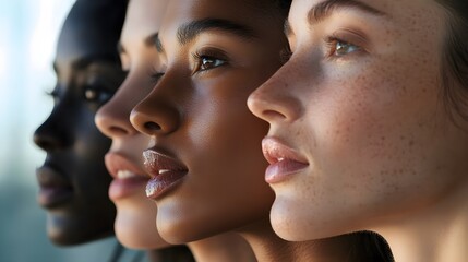different women's faces in the same frame, all with natural skin tones and hair on their heads