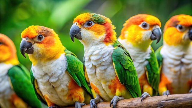 Vibrant caiques dazzle with their bright, iridescent feathers, their playful antics a joy to behold as they frolic in the lush South American jungle.