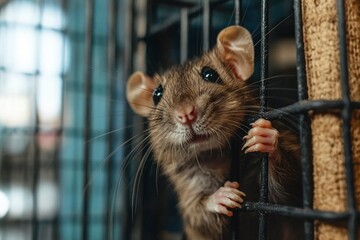Obraz premium Close-up of a Curious Rat's Face Peeking Through Cage Bars