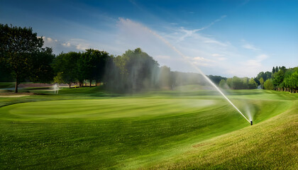 A lush green golf course with a sprinkler system watering the grass