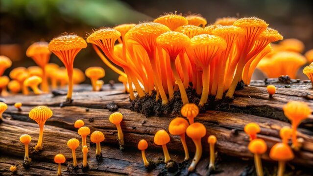 Vibrant orange fungal growth bursts from decaying wood, delicate hyphae tendrils stretching outward as if alive, captured in stunning macro detail.