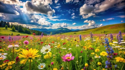 Vibrant wildflowers of various colors, including yellow, pink, and purple, bloom abundantly in a lush green meadow under a serene blue sky with white clouds.