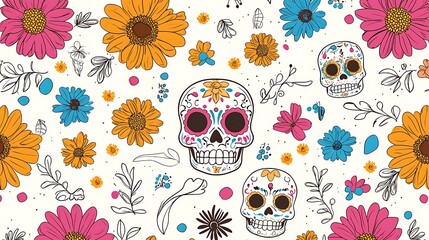 A colorful Background Design of marigold flowers and sugar skulls arranged in a repeating pattern, set against a bold, vibrant backdrop 