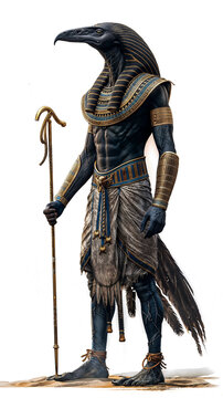 Regal Egyptian deity Thot with falcon or ibis head, adorned in gold and blue regalia. Muscular body, holding ornate staff. Intricate headdress, traditional shendyt skirt. Mythological figure standing