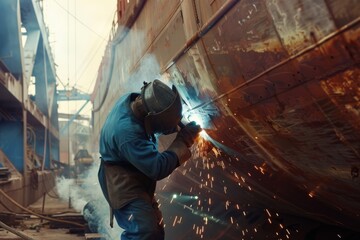 Welding sparks fly as a worker diligently repairs a large, rusted ship, highlighting industry and craftsmanship.