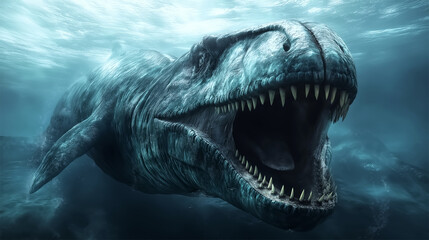 Extinct marine reptile Mosasaurus with open mouth, fierce underwater predator in prehistoric ocean
