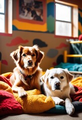 heartwarming images dogs welcoming shelter environments cozy playful bright decor, bed, toy, animal, canine, care, adoption, friendship, furry, paw, tail