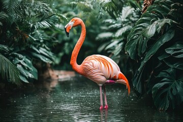 Fototapeta premium A Pink Flamingo Standing in a Tropical Pond Surrounded by Lush Foliage