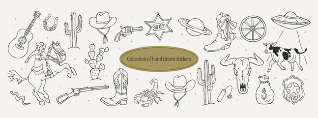 Collection of wild west line art graphics. Hand drawn stickers in a cosmic cowboy style. Vintage weird clipart ink elements for logos, posters, prints, social media.