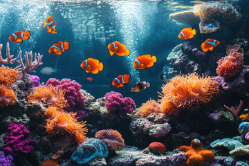 Naklejka premium Underwater landscape with schooling fish and beautiful sunlight. From a scuba dive in the Atlantic ocean.