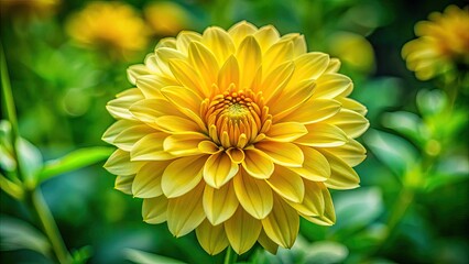 Vibrant petals of a delicate yellow bloom unfold in intricate layers, revealing a soft, creamy center, set against a blurred, natural green background.