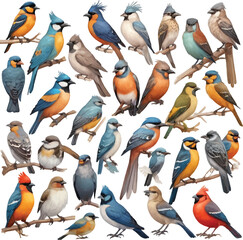 A collection of birds including one with a blue and green on the bottom