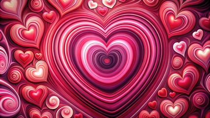 Vibrant pink and red heart-shaped patterns swirl together in a whimsical, abstract background, creating a romantic and playful atmosphere perfect for Valentine's Day or love-themed designs.