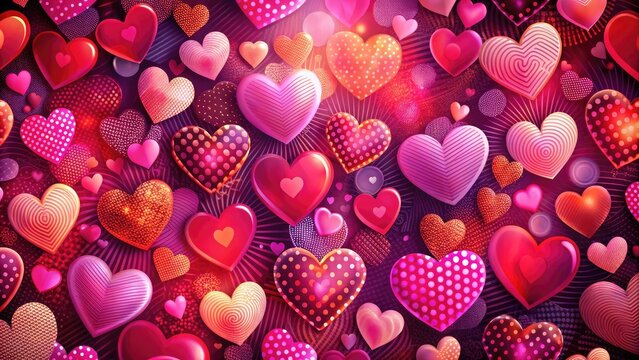 Vibrant pink and red heart-shaped patterns swirl together in a whimsical, abstract background, adding a romantic and playful touch to any design or layout.
