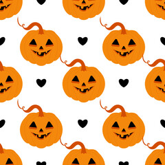Seamless pattern, pumpkins and hearts on a white background. Ideal for Halloween.  Flat style, vector graphics.