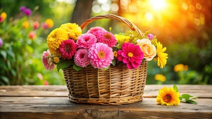 Vibrant pink and yellow blooms amidst lush greenery, delicately arranged in a woven wicker basket, sitting on a rustic wooden table with soft, warm lighting.