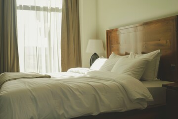 A cozy bedroom illuminated by natural light, with a neatly made bed and wooden furniture, evoking comfort and warmth.