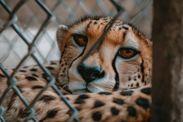 A Cheetah Resting Behind a Wire Fence