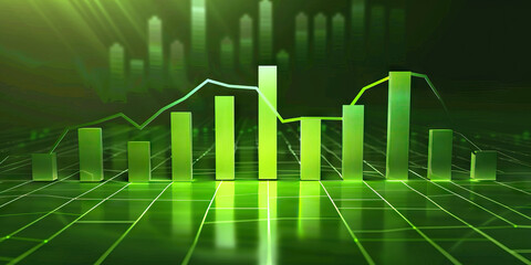 A bar graph on market performance displaying upward trends, set against a bright green background.