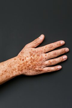 Close-up of a hand with multiple skin lesions, illustrating a case of infectious disease or dermatological condition
